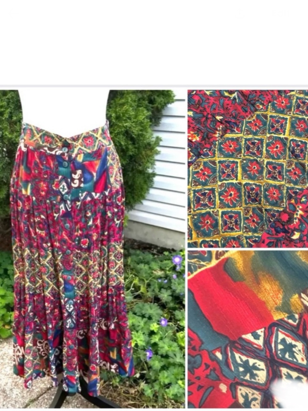 Vintage Button-Front Midi Skirt • 
Geometric & Floral Mixed Print -Teal, Mustard